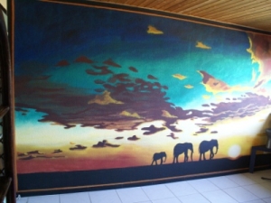 Elefanten im Sonnenuntergang Wandmalerei