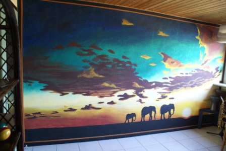 Elefanten im Sonnenuntergang Wandmalerei